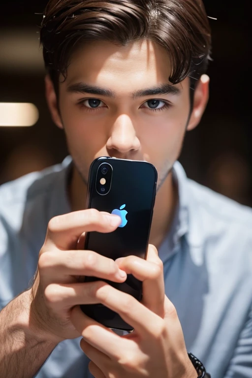A beautiful man operating an iPhone