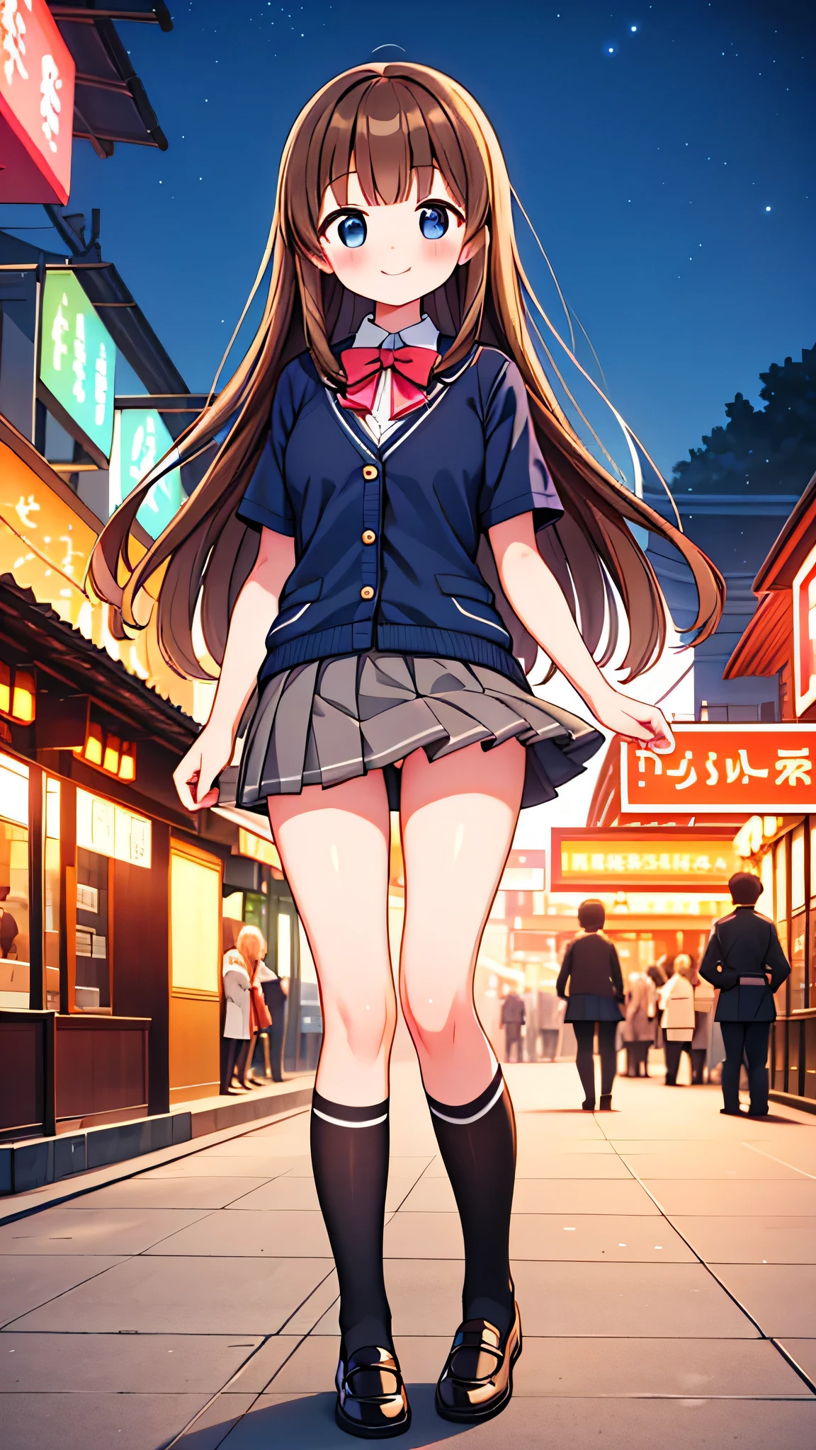 {Highest quality], [Super beautiful], [Ultra fine], [Best illustration], NSFW,Brown Hair, Hime cut, Long Hair, Bangs, girl,,uniform,knit cardigan,Short sleeve,skirt,smile, blush, Slender women,Standing posture,(Public),Night Park,Summer festival,diagonal, Navy blue knee socks,Black loafa