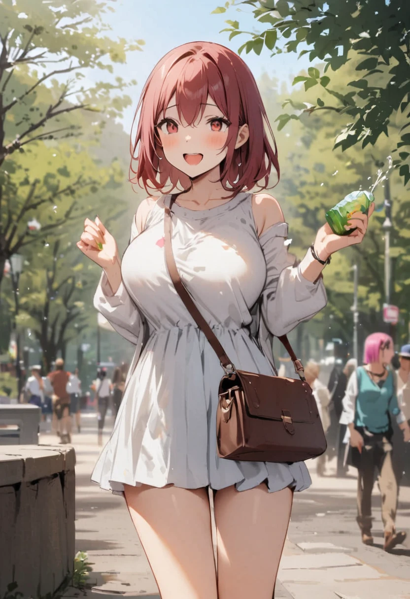 Pie Slash、Shoulder bag、Big Breasts、sweater、Open both eyes、Laugh innocently、at the park、squirt、Passersby、Square、Plants