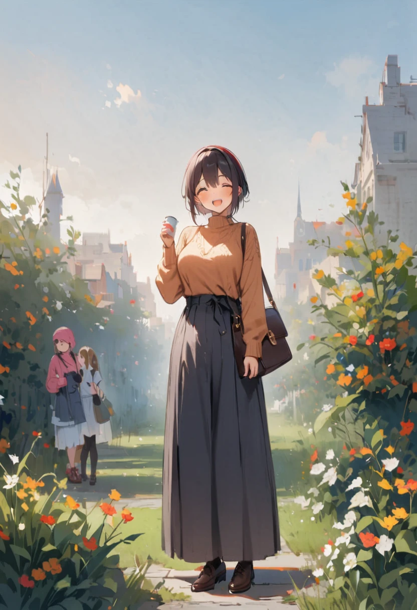 Pie Slash、Shoulder bag、Big Breasts、sweater、Open both eyes、Laugh innocently、at the park、squirt、Passersby、Square、Plants
