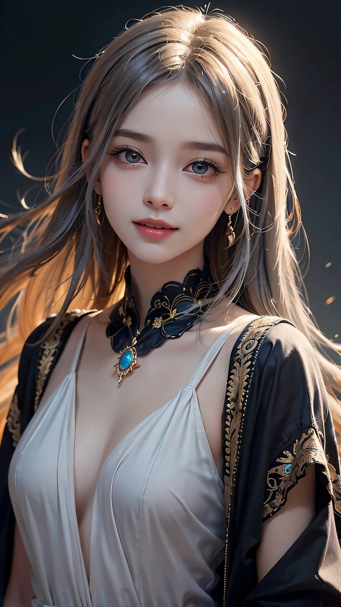 Psychedelic world , india fashion、Cute 1 girl、18 year old girl、grey hair、facing forwar,light smile, colorful gel background、fractal background、perfect lighting、sharp focus、High definition、high resolution、High color rendering、High resolution、Super realistic、photo realistic 