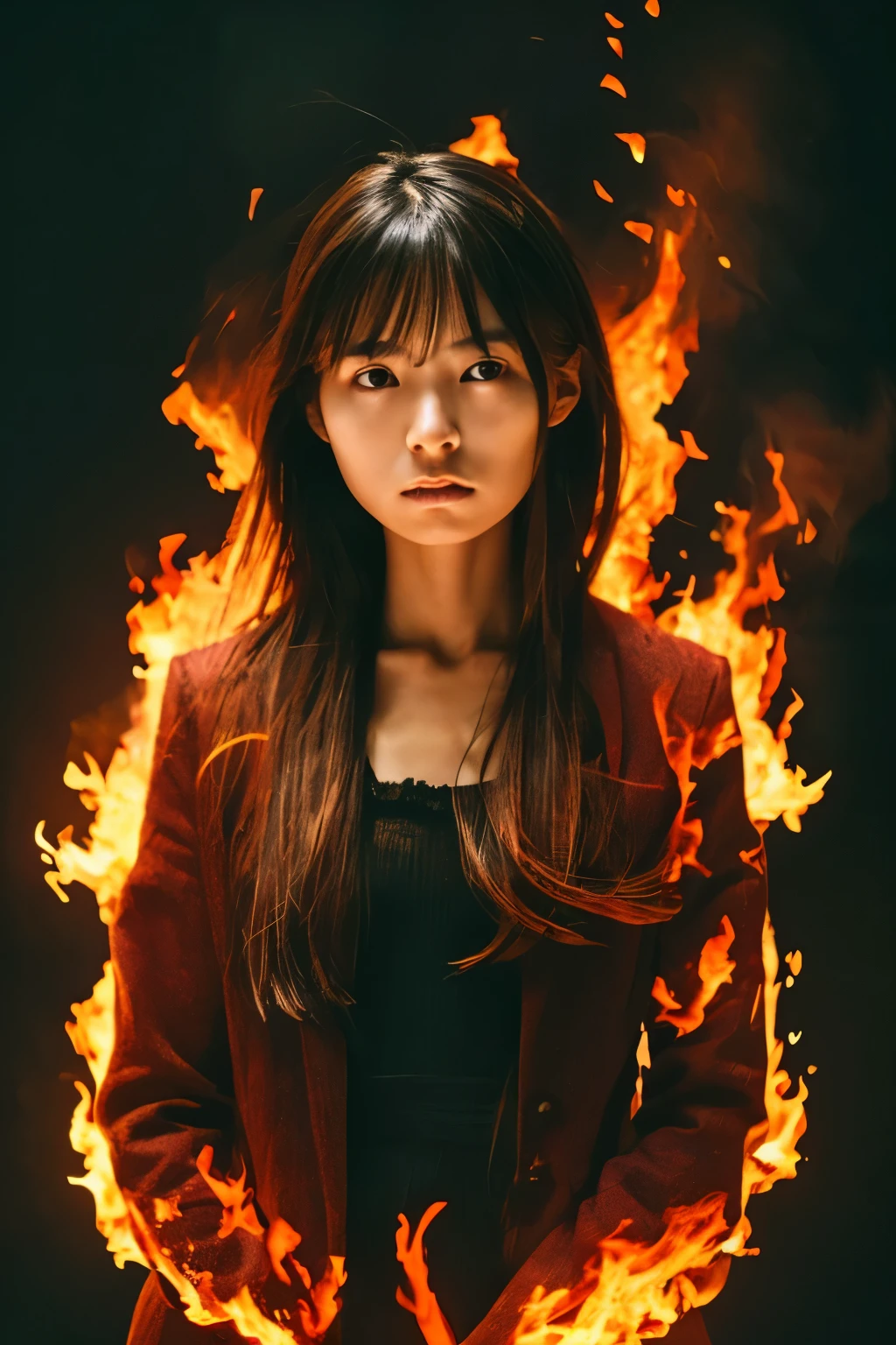 ((Correct human body structure)), (detailed face, detailed eyes), A Japanese woman, a look of sorrow,  background on fire, blazing up