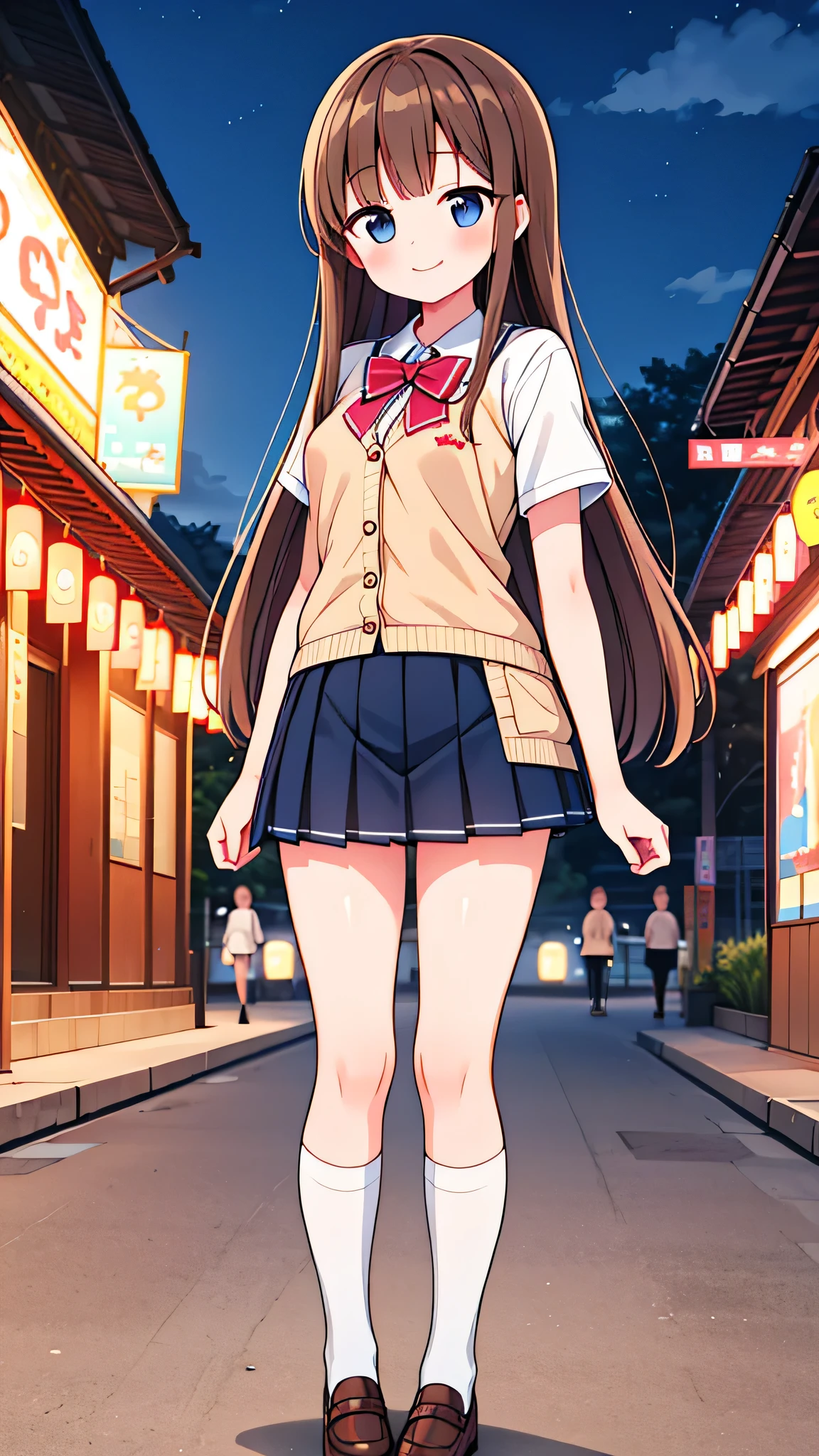 {Highest quality], [Super beautiful], [Ultra fine], [Best illustration], NSFW,Brown Hair, Hime cut, Long Hair, With bangs, girl,,uniform,knit cardigan,Short sleeve,skirt,smile, blush, Slender women,Standing posture,(Public),Night Park,Summer festival,diagonal, Navy blue knee socks,Black loafa