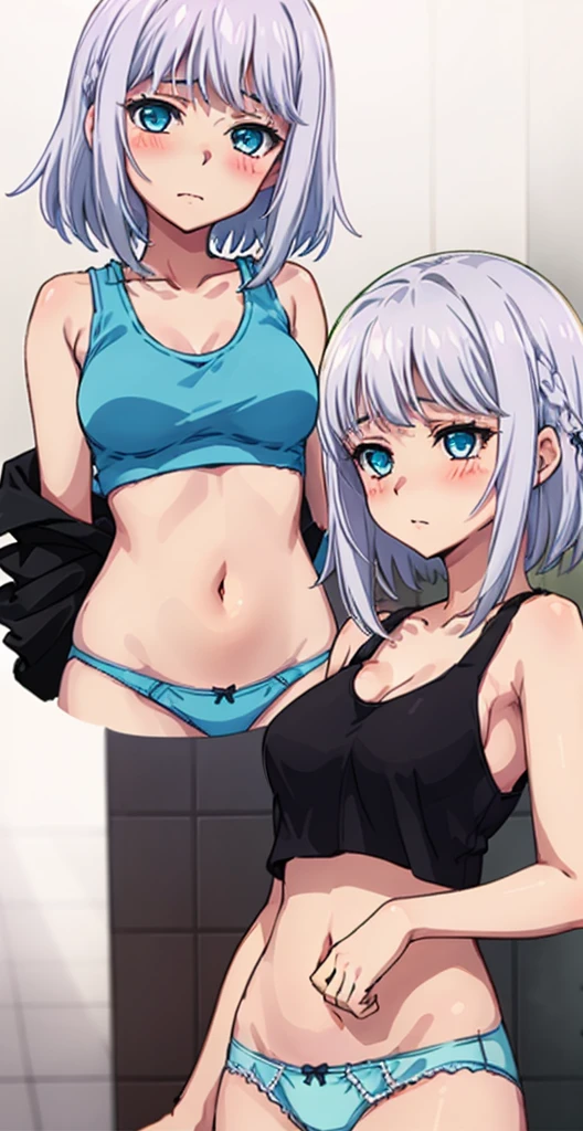 1 girl, kanon kanase,  , blush, medium breasts, sleeveless,((stylish outfit, cropped tank top, navel, panties)), 20-year-old, healthy skin. Upper_body. Silver hair. ((Multiple views)). 