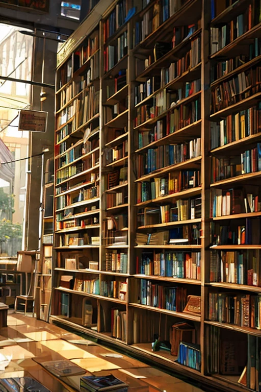 A moment in a used bookstore. Faded books lined up on wooden shelves in a used bookstore.