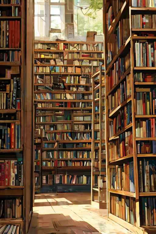 A moment in a used bookstore. Faded books lined up on wooden shelves in a used bookstore.