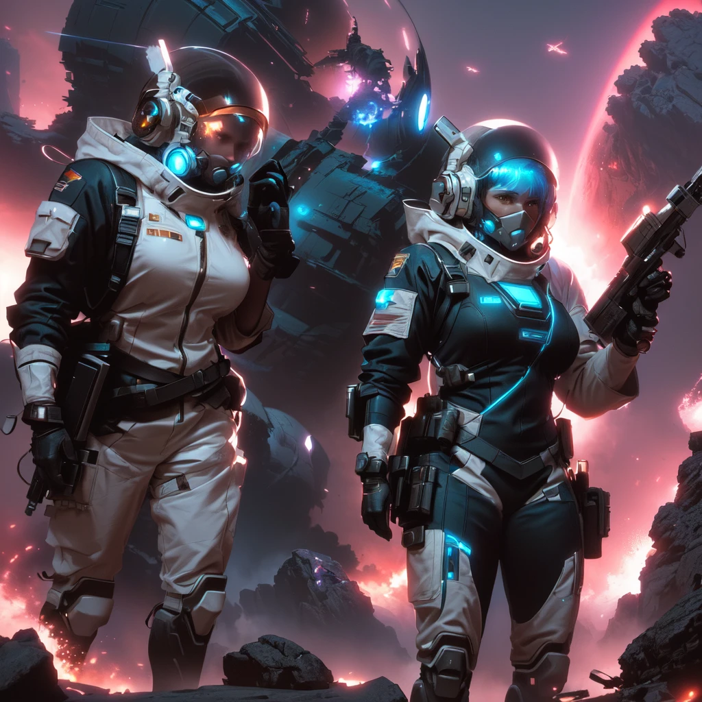 there are two people in space suits standing next to each other, wojtek fus, epic sci - fi character art, epic sci-fi character art, greg rutkowski and krenzcushart, sci-fi concept art, sci - fi concept art, sci fi concept art, sci-fi space game art, sci-fi digital art illustration