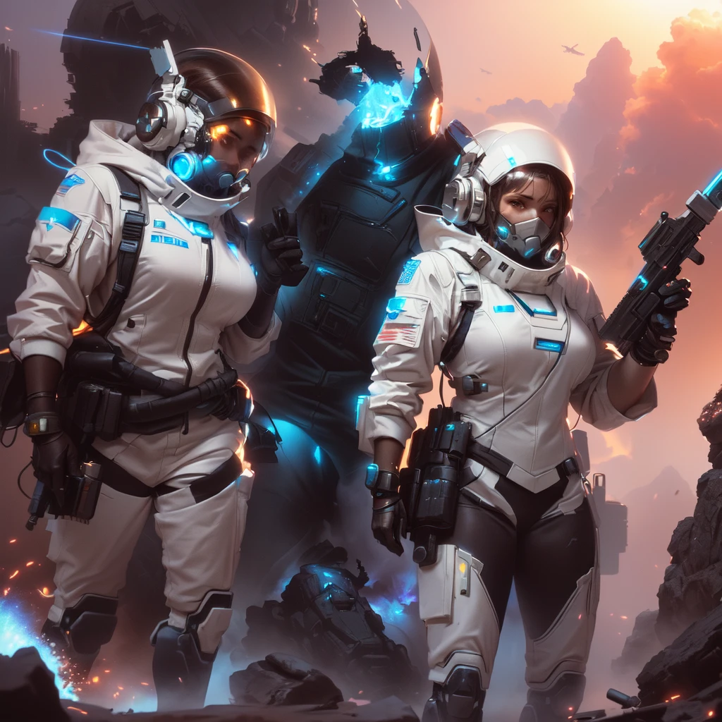 there are two people in space suits standing next to each other, wojtek fus, epic sci - fi character art, epic sci-fi character art, greg rutkowski and krenzcushart, sci-fi concept art, sci - fi concept art, sci fi concept art, sci-fi space game art, sci-fi digital art illustration
