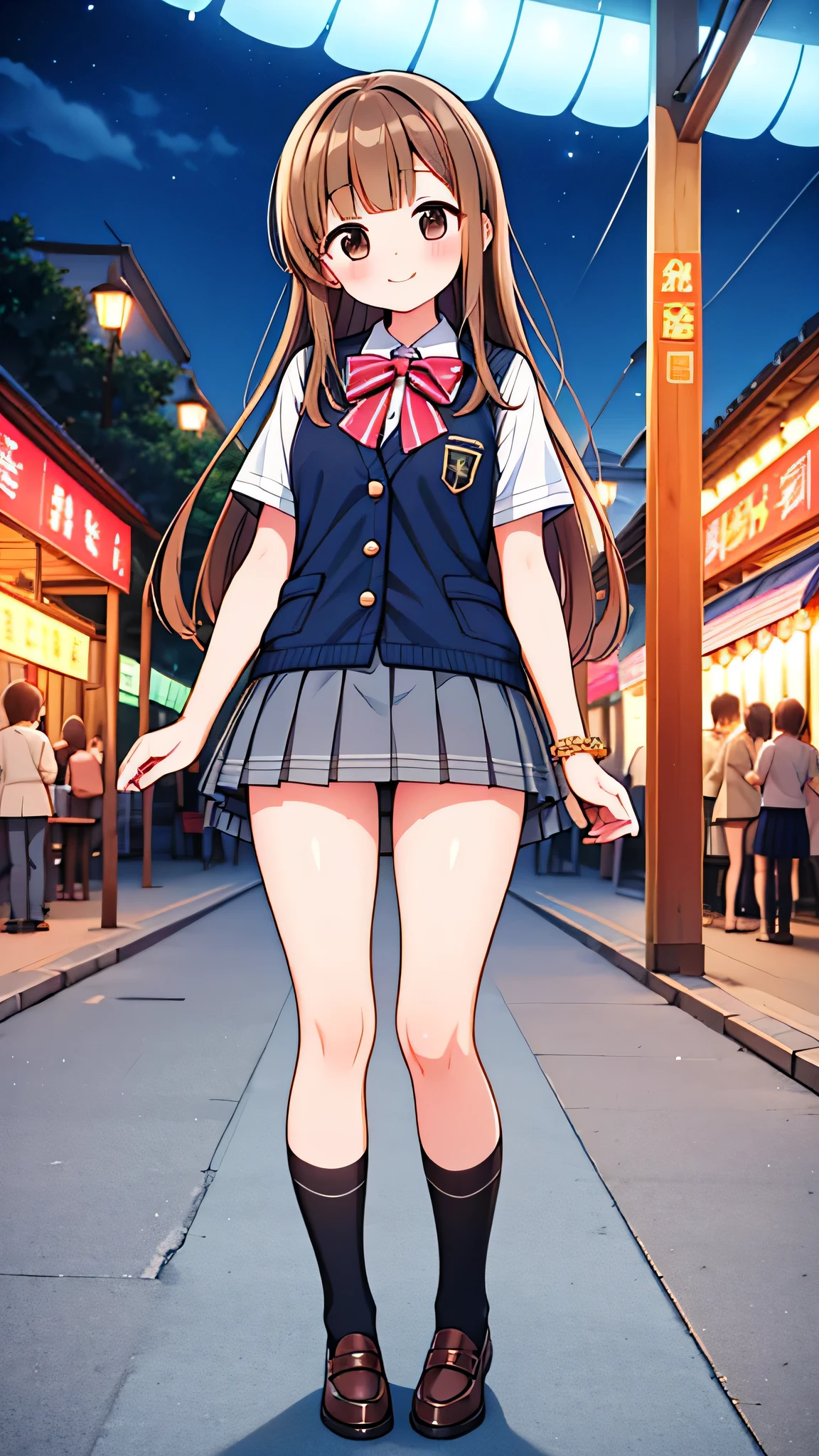 {Highest quality], [Super beautiful], [Ultra fine], [Best illustration], NSFW,Brown Hair, Hime cut, Long Hair, Bangs, girl,,uniform,knit cardigan,Short sleeve,skirt,smile, blush, Slender women,Standing posture,(Public),Night Park,Summer festival,diagonal, Navy blue knee socks,Black loafa