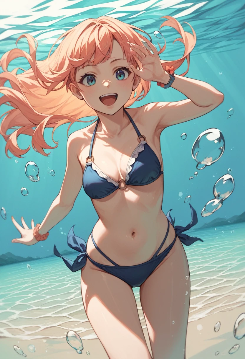 Highest quality, Very detailed, masterpiece, anime,Highest quality,Japanese High School Girl,One Girl,One Girl,Swimwear,bikini,Beach,Dynamic pose,open mouth,smile,Transparent haori,nsfw,Underwater shot