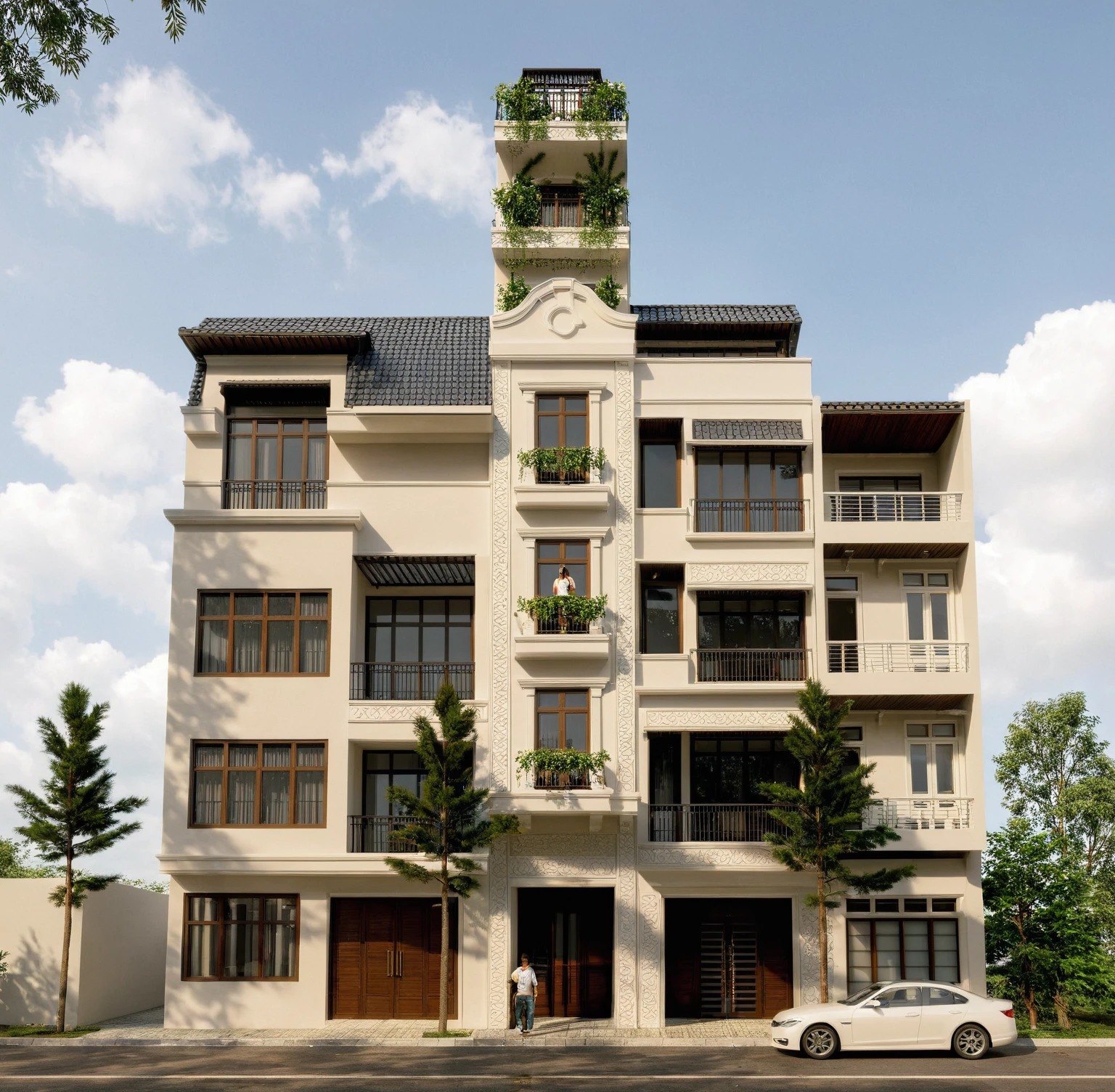Raw photo,Masterpiece, high quality, best quality, authentic, super detail,
exterior, outdoors, house style indochine on the street ,aiaigroup
road,pavement, grass, trees, sky, cloud, (day:1.1)