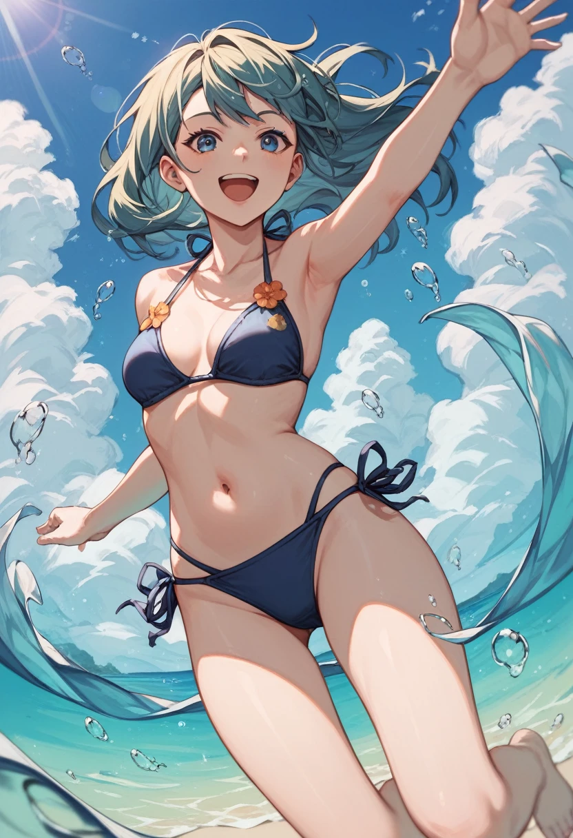 Highest quality, Very detailed, masterpiece, anime,Highest quality,Japanese High School Girl,One Girl,One Girl,Swimwear,bikini,Beach,Dynamic pose,open mouth,smile,Transparent haori,nsfw,Underwater shot,show of nipple