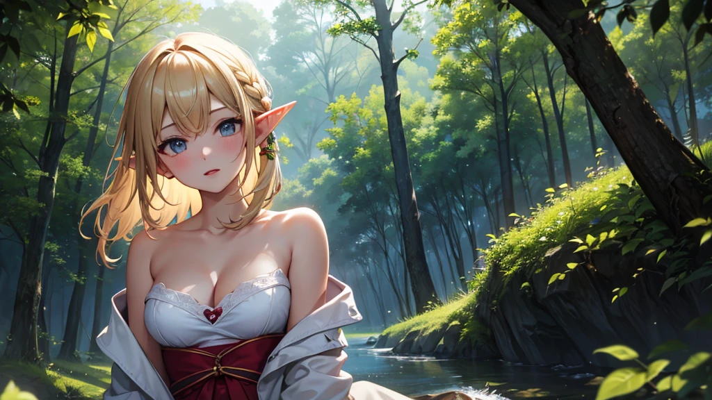 月が照らすnight、超detailed、Transcendently beautiful、Open chest, Perch on a tree branch、Elf、Portrait of a beautiful 16 year old girl,night、The dark light shines、A view of the World Tree in the distance , detailedな背景画、Dark Forest、Blue Eyes, detailedな目、detailedな手脚、Red, orange and green particles、Bright red lips, (masterpiece) (Highest quality) (detailed) (8K) (High resolution) (Cinema Lighting) (Sharp focus)、alone、Blonde、short hair、((blush: 0.8)), Natural skin texture, Transparent skin、Delicate body, hair ornaments、