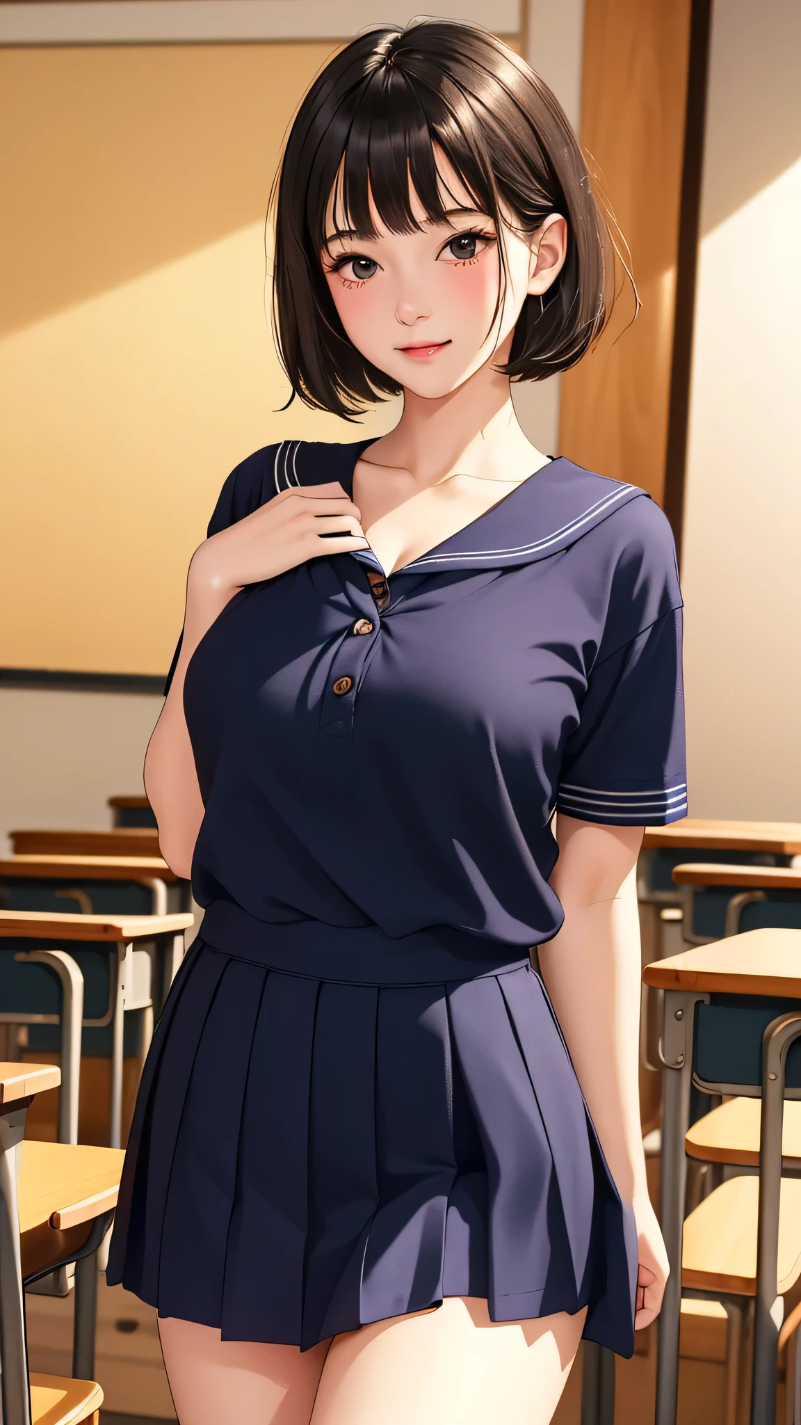 (masterpiece,best quality,high quality,ultra detailed,extremely detailed,ultra high res,best aesthetic,8k),(cowboy shot),(beautiful girl,cute girl,age),(beautiful black eyes,black hair,very short hair),(nose blush),(arms behind back),(saggy breasts,large aleolae),(nudity,breasts out),(summer school uniform),(school classroom)