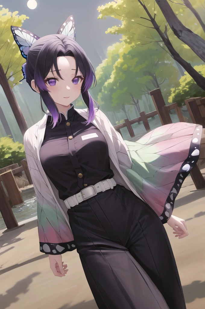 masterpiece, best quality, highres, 1girl, solo, kochou shinobu, butterfly hair ornament, purple eyes, multicolored hair, short hair, parted bangs, black pants, black jacket, long sleeves, belt, cowboy shot, forest, night, moon 裸