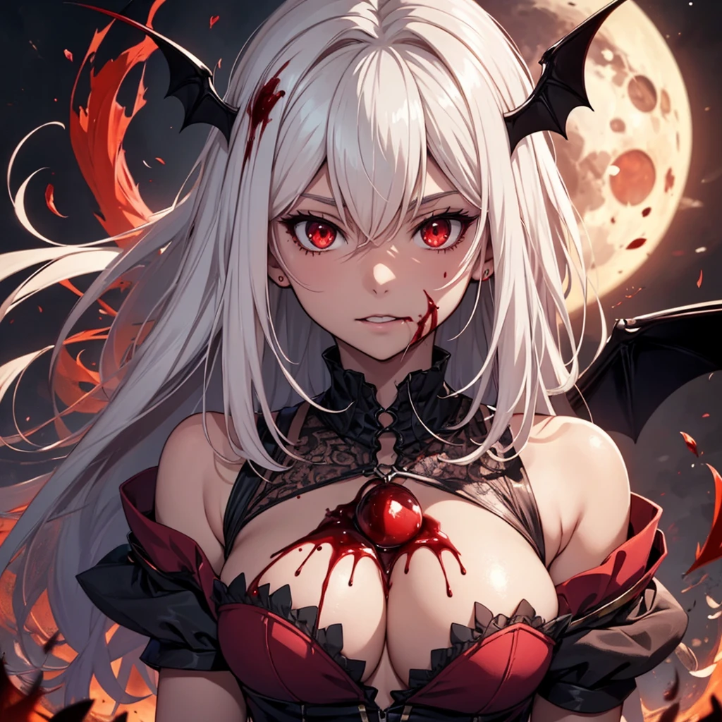 His chest was covered in blood、Anime girl with blood dripping from her chest, Gothic girl anime girl, gapmoe Yandere grimdark, Devil anime girl, Shatia Bradfren, Bad guy anime 8k, Yandere intricate, portrait gapmoe Yandere grimdark, Vampire Girl, bloody + Concept Art, Yandere, Anime style 4k, Detailed digital anime art，Devil Wings，Bat Wings，Splashed blood，Red Moon