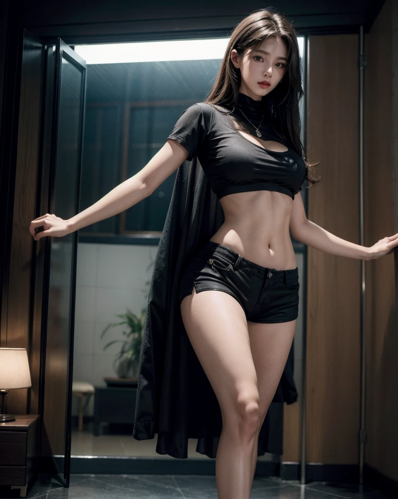 best quality, masterpiece, high resolution, 8K, (realistic: 1.4), super high resolution, 1 girl, super detailed, surreal, highly detailed CG illustration, official art, cinematic light, reality, young beautiful girl, perfect body, perfect body, full viewing angle, perfect body, (from below: 1.3), wearing mask, pose, sexy long legs, confident, beautiful sexy, gray short sleeves, open belly, black super shorts, S-shaped body, hips upturned, posing, posing, different perspectives, Atmospheric distance sense