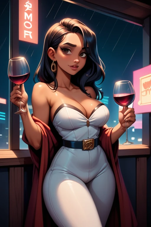 tall woman(brown eyes; long straight black hair; large breasts; olive skin tone), Disney-style cgi, loungewear; standing indoors at an elevated apartment window watching the rain on a neon-lit night; megalopolis; futuristic; dystopian; cyberpunk; best quality; trending on artstation; complex volumetric lighting; holding wine