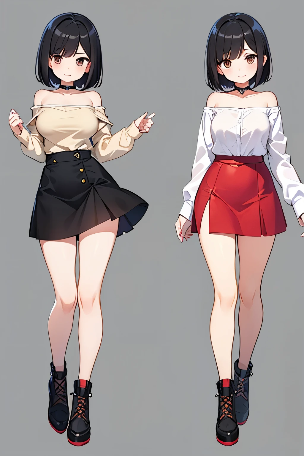 A girl named Xiaoli has black hair and brown eyes with bangs and a bob.，White off-the-shoulder shirt，Red hip skirt，Tight midi skirt，Full body pictures，High-resolution images，Character Design，Design from different angles