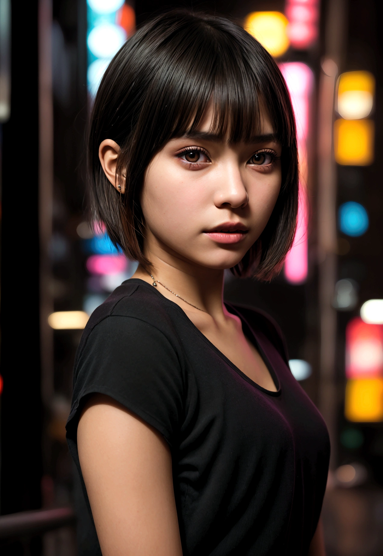 cinematic realistic portrait of a young girl, adolescent, caucasiana, fly away, modern casual dark clothes, alternative style, dolce, nice, Beautiful woman, short hair with bangs, (honey eyes), Nightlife in Tokyo, neon lights