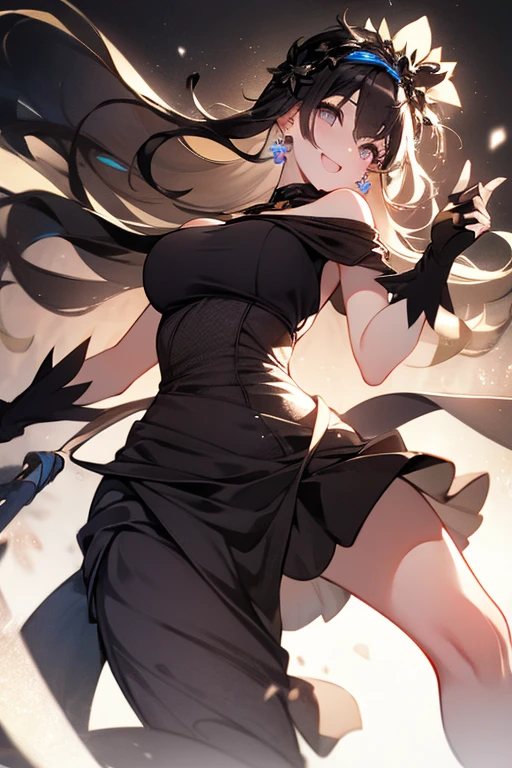 Anime style beutiful woman, 1girl,fullbody, happy, (with sparkling eyes and a contagious smile:1.2), red face, closed mouth, beautiful detailed eyes, super detailed skin, backlighting, bare shoulders, black background, black dress, black gloves, black hair, breasts, dress, earrings, fingerless gloves, floating hair, floral print, flower, gloves, gold earrings, gold hairband, hair flower, hair ornament, hairband, holding, holding weapon, jewelry, large breasts, long hair, looking at viewer, off-shoulder dress, off shoulder,red eyes, short hair with long locks, sidelocks, solo, spikes, thighs, two-sided dress, two-sided fabric,two-hand  weapon, fighting stance , face, close up, from below:1.2, highest quality, high resolution,Real World, Natural light,perfect Natural light,looking at viewer,