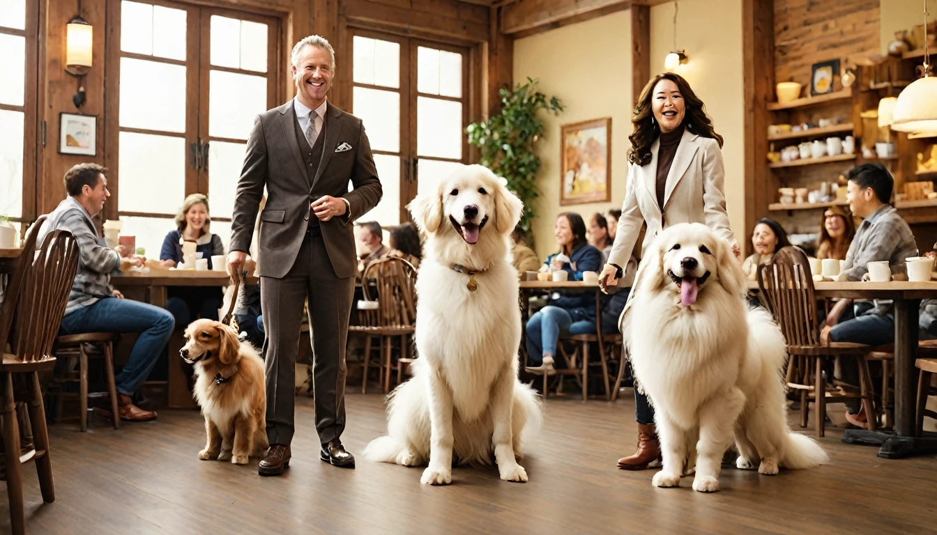 A heartwarming scene at the dog cafe 'Wonderful Wanda'. A smiling couple in their 30s enters the cafe, greeted by seven specific dog breeds:

1. A friendly Labrador Retriever, tail wagging, leading the welcome party
2. A fluffy Rough Collie, its long coat gleaming under the soft lighting
3. A regal, pure white Standard Poodle sitting elegantly nearby
4. A chocolate brown Standard Poodle playfully circling the couple's feet
5. A small Pekingese with a flat face, looking up adorably at the couple
6. A light brown Toy Poodle, excitedly jumping up to greet the couple
7. A graceful white Borzoi, standing tall in the background

The couple kneels down, petting and hugging the dogs with big smiles. The cafe interior is cozy with wooden furnishings and warm lighting. Sunlight streams through large windows, highlighting the joyful reunion. Other cafe patrons in the background smile at the heartwarming scene. Coffee cups and dog treats are visible on nearby tables. The 'Wonderful Wanda' logo is prominently displayed on a wall. The overall atmosphere exudes happiness and the special bond between humans and dogs of various breeds and sizes.