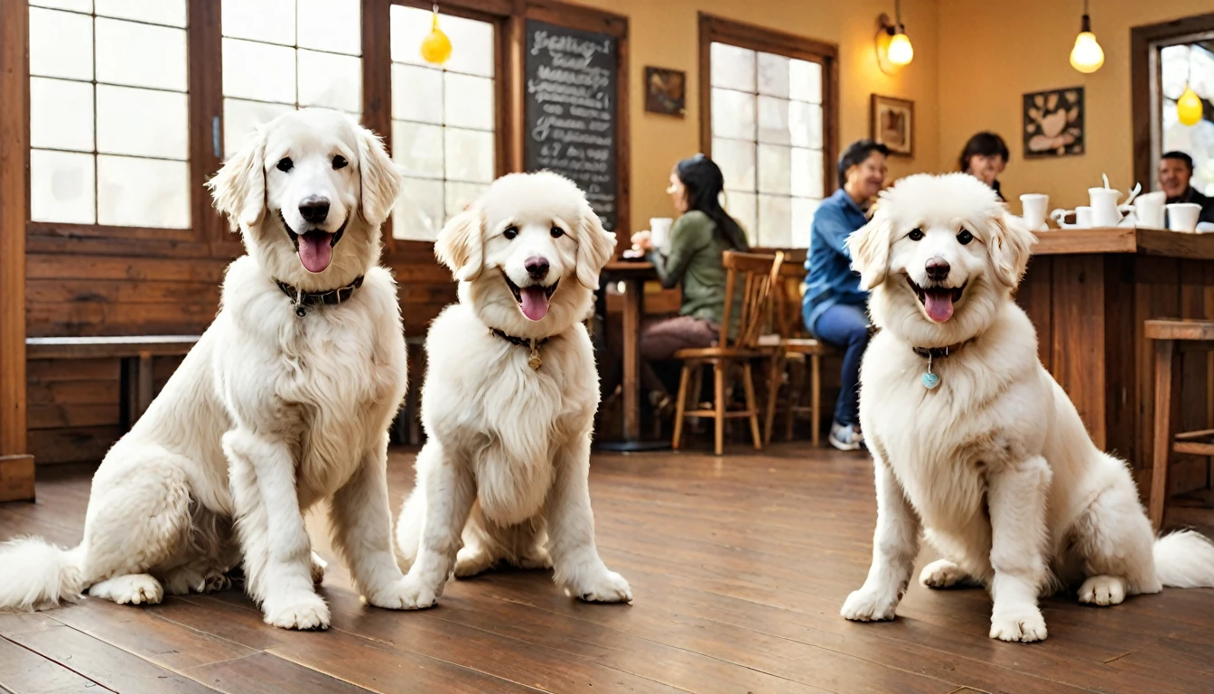 A heartwarming scene at the dog cafe 'Wonderful Wanda'. A smiling couple in their 30s enters the cafe, greeted by seven specific dog breeds:
1. A friendly Labrador Retriever, tail wagging, leading the welcome party
2. A fluffy Rough Collie, its long coat gleaming under the soft lighting
3. A regal, pure white Standard Poodle sitting elegantly nearby
4. A chocolate brown Standard Poodle playfully circling the couple's feet
5. A small Pekingese with a flat face, looking up adorably at the couple
6. A light brown Toy Poodle, excitedly jumping up to greet the couple
7. A graceful white Borzoi, standing tall in the background
The couple kneels down, petting and hugging the dogs with big smiles. The cafe interior is cozy with wooden furnishings and warm lighting. Sunlight streams through large windows, highlighting the joyful reunion. Other cafe patrons in the background smile at the heartwarming scene. Coffee cups and dog treats are visible on nearby tables. The 'Wonderful Wanda' logo is prominently displayed on a wall. The overall atmosphere exudes happiness and the special bond between humans and dogs of various breeds and sizes.