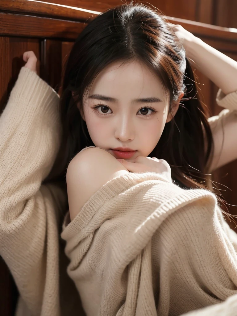 masterpiece, highest quality, 8k, 20th Generation, Big Breasts, cute, alone, sad, cute, Girlish, cute、Delicate girl, Pure beauty,  RAW Photos, Professional photography, Portraiture, Soft Light, Professional Lighting, Backlight, Upper Body, avert your eyes, Sophisticated, Film Grain, (Round face、Young Face、Thin eyebrows、Thin lips:1.0), Floating Hair, beautiful, Flowing hair, bangs, White blouse、Grayish color cardigan、(Big Breasts:1.2)、I can see a little cleavage、dolly make、Heterochromia iridis、Left and right eyes are different colors、Focus on the face