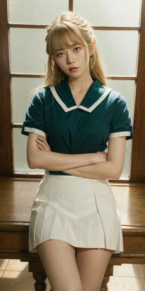 ((masterpiece,best quality, high resolution)), 1girl, solo, green eyes, blonde long hair tied with blue ribbon, blunt bangs, sitting, folded arms on the table, sleep on the folded arms, , white serafuku, red sailor collar, short sleeves, white pleated skirt, (in library), dramatic light, beside window, afternoon light through the window, afternoon, bokeh effect