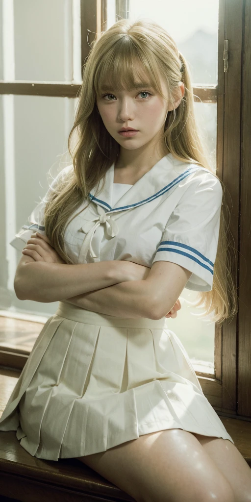 ((masterpiece,best quality, high resolution)), 1girl, solo, green eyes, blonde long hair tied with blue ribbon, blunt bangs, sitting, folded arms on the table, sleep on the folded arms, , white serafuku, red sailor collar, short sleeves, white pleated skirt, (in library), dramatic light, beside window, afternoon light through the window, afternoon, bokeh effect