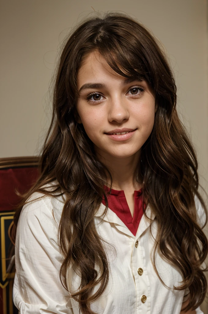 female teenager, brown eyes, curly brown hair, white skin, and has large front teeth and gryffindor