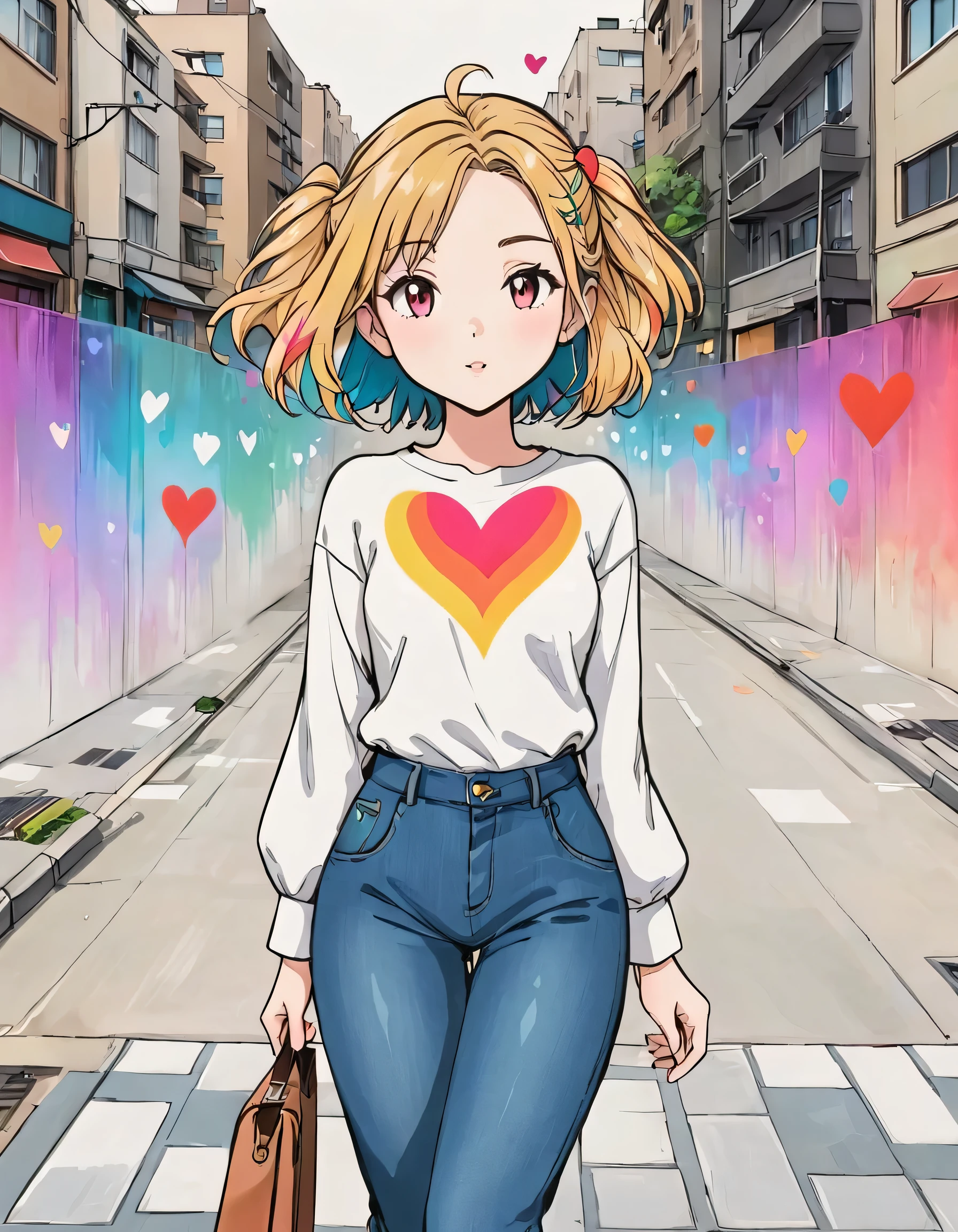 Seizo Watase style, Simple Line Initialism,Abstract art,Urban Background, colorful hearts ,(((The most beautiful girl of all time))),