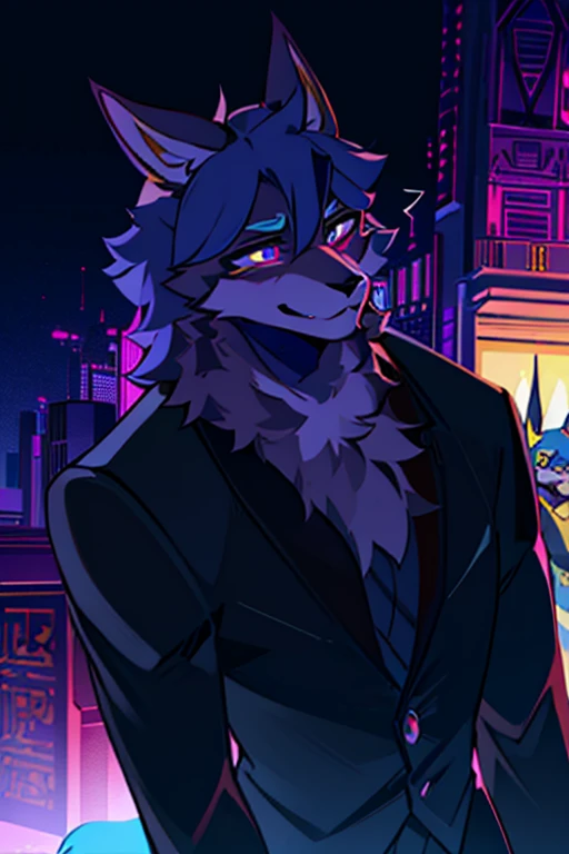 hairy，fox，Lovely，It is modern，Handsome blue and purple art word background，context-oriented，Anubis，Beast pupils