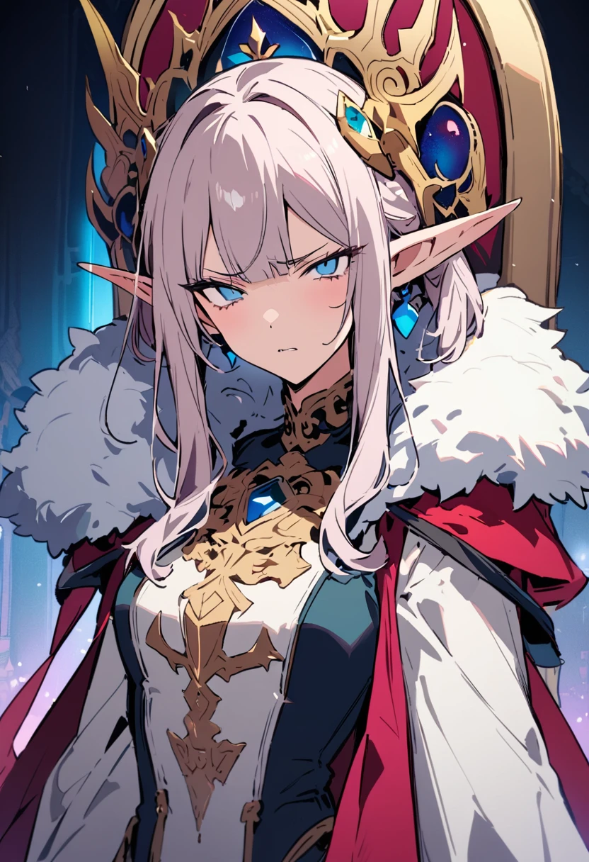 masterpiece, Highest quality, Illustration of the novel, High resolution, 18+ Adult content, Sensual, Intimate, Emotional, Passionate, romantic, sweet, Adorable, Innocent, Pure, charmな, charmな, charm, mysterious, charmな, charmな, Immersive, charmな, dream-like, Surreal, Imaginative, Whimsical, Artistic, Avant-garde, timeless, elegant, Sophisticated, chic, Sophisticated, Personality, original, charmな,(( Elf:1.3)),((A look of disgust:1.3))、Upper Body、(a bit),((Throne of Power,Throne of Power:1.3))