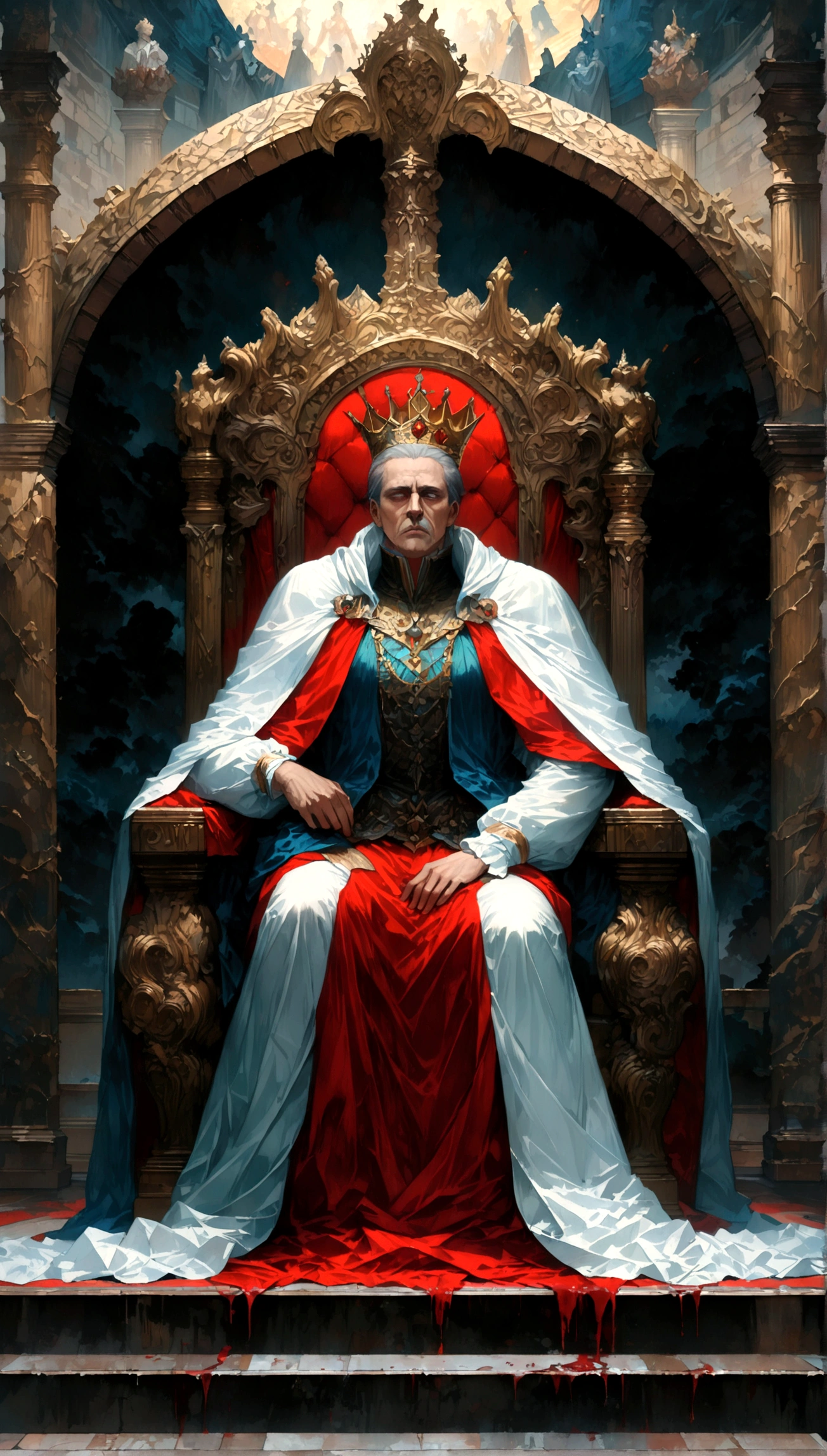 Throne room scenery,oil painting style,Draw the king sitting on the throne in the top half of the image,Draw the subjects prostrate at the bottom of the image.,A king with absolute power who looks down on his subjects,There is a distance between the king's throne and his subjects.,BREAK,the king is a newly crowned man,He wears clothes and a cloak befitting a king.,crown,I rest my chin on the armrest of the throne.,He is a king with a cruel personality.,anatomically correct,BREAK,A painting depicting an era in history,paint with oil paint,structurally correct,(masterpiece:1.3),(highest quality:1.4),(ultra detailed:1.5),High resolution,extremely detailed,unity 8k wallpaper,decadent,dark fantasy,horror style,fear,awe,feeling of pressure