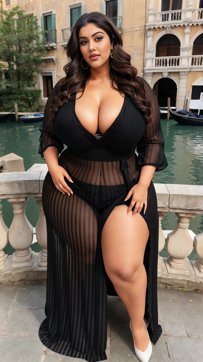 Indian gorgeous curvy plus size actress madhubala, glowing eyes, wearing SHEIN LUNE Ladies' Plus Size Vertical Stripe Shirt Dress, black and White color, parted lips, thick thighs, bigger waist, busty, curvy plus size body, full body, full body shot, head to toe view, hourglass body, curvy plus size body, smile face, bigger waist, busty, big hips, fleshy thighs, thick thighs, busty, full body view, Times Square, Italy: Picturesque Venice canals adorned with gondolas and historic stone bridges