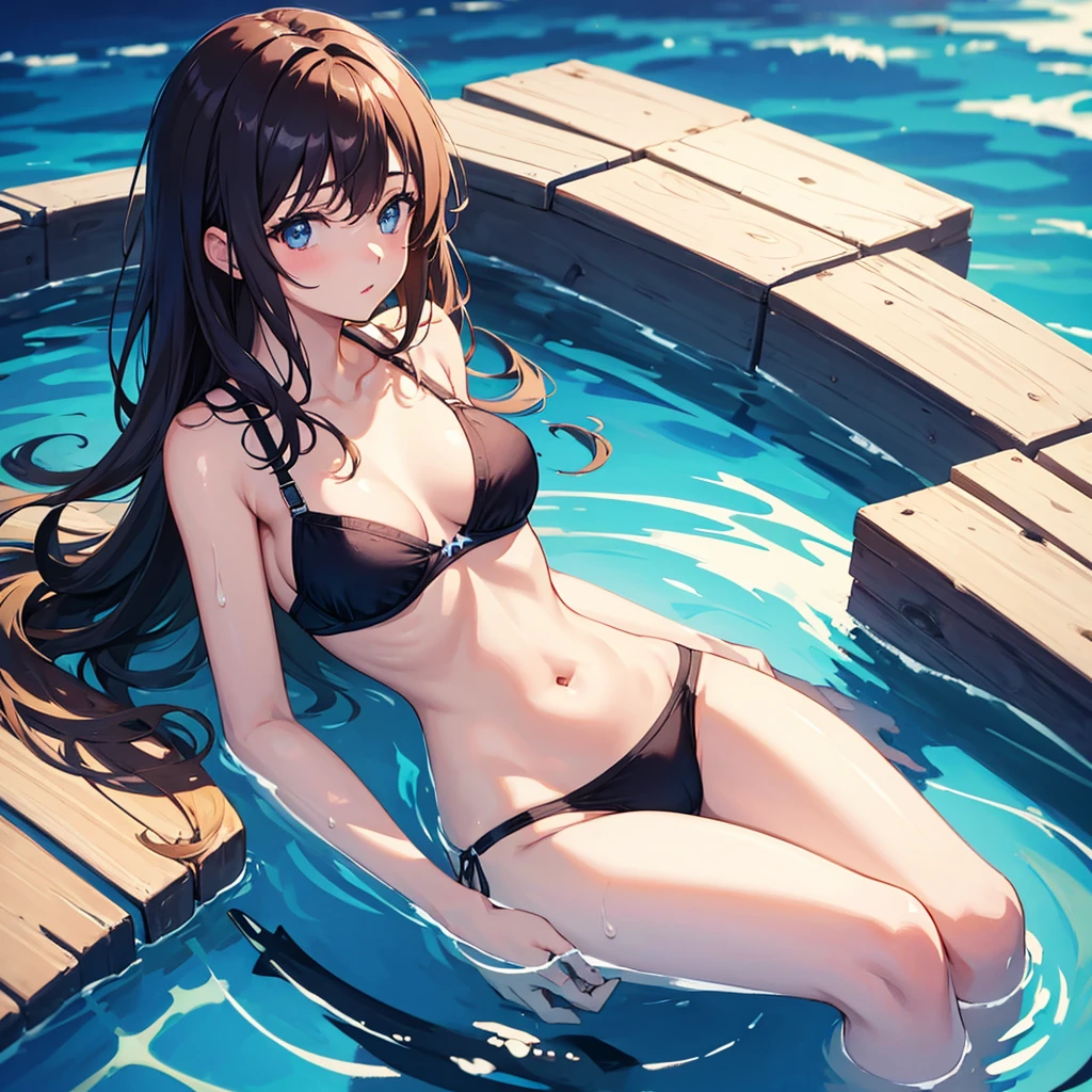 A girl is swimming wearing only a bra