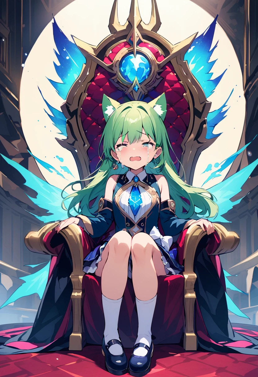 masterpiece, Highest quality, Illustration of the novel, High resolution, 18+ Adult content, Sensual, Intimate, Emotional, Passionate, romantic, sweet, Adorable, Innocent, Pure, Fascinating, Fascinatingな, Charm, mysterious, Fascinatingな, Fascinating, Immersive, Fascinatingな, dream-like, Surreal, Imaginative, Whimsical, Artistic, Avant-garde, timeless, elegant, Sophisticated, chic, Sophisticated, personality, original, Fascinatingな,One Girl,Deltamon_beta, alone, blue eyes, Knee socks, Animal ears, Bare shoulders, Blue Tail, Earrings,Removable sleeves, Green Hair, Sleeveless, Cat ear, bag, white Knee socks, Cat&#39;tail,pink backpack,Pink school bag,Lavender lace: Lavender Peter Pan collar lace dress, Paired with ivory tights and Mary Jane shoes.,Cherry-blossom viewing, azalea, satsuki, azalea blizzard,
rest ((Avoidance method ((子Cat)), Crying face)),((Throne of Power,Throne of Power:1.3))