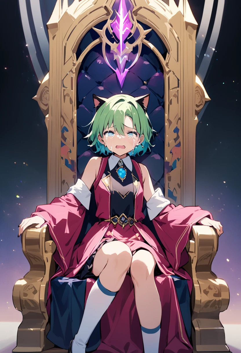 masterpiece, Highest quality, Illustration of the novel, High resolution, 18+ Adult content, Sensual, Intimate, Emotional, Passionate, romantic, sweet, Adorable, Innocent, Pure, Fascinating, Fascinatingな, Charm, mysterious, Fascinatingな, Fascinating, Immersive, Fascinatingな, dream-like, Surreal, Imaginative, Whimsical, Artistic, Avant-garde, timeless, elegant, Sophisticated, chic, Sophisticated, personality, original, Fascinatingな,One Girl,Deltamon_beta, alone, blue eyes, Knee socks, Animal ears, Bare shoulders, Blue Tail, Earrings,Removable sleeves, Green Hair, Sleeveless, Cat ear, bag, white Knee socks, Cat'tail,pink backpack,Pink school bag,Lavender lace: Lavender Peter Pan collar lace dress, Paired with ivory tights and Mary Jane shoes.,Cherry-blossom viewing, azalea, satsuki, azalea blizzard,
rest ((Avoidance method ((子Cat)), Crying face)),((Throne of Power,Throne of Power:1.3))