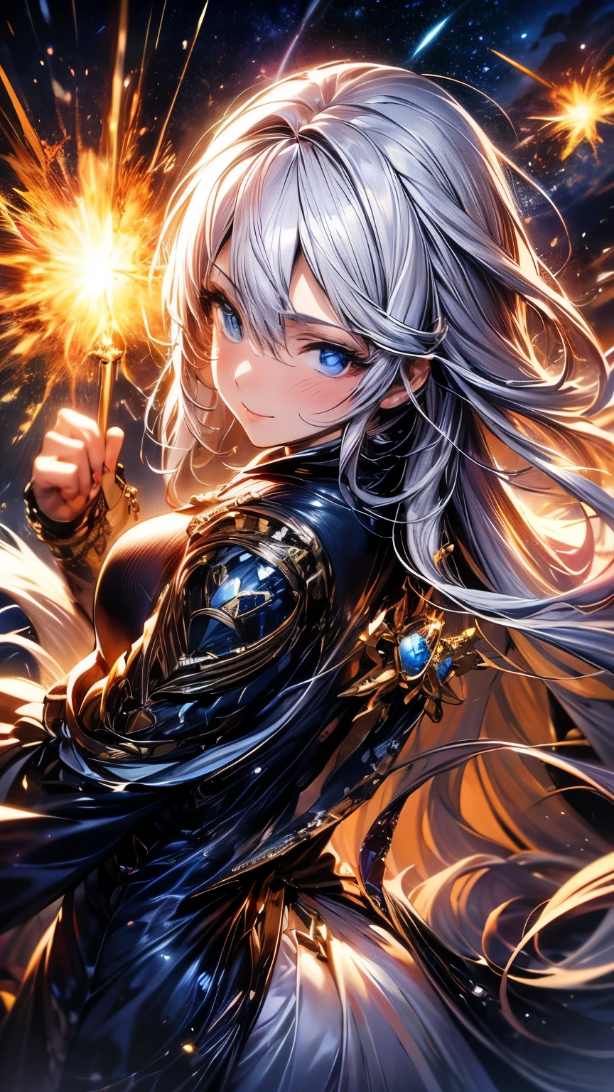 8K resolution, masterpiece, Highest quality, Award-winning works, unrealistic, From above, erotic, Only sexy women, healthy shaped body, 22 years old, Black Mage, Height: 165cm, Large, firm, swaying bust,, Silvery long wavy hair, Detailed facial depiction, break, Mysterious blue eyes, Standard nose, eyeliner, Pink Lips, Sexy long legs, Transparent muscle, holy knight, Gothic ruffle long dress, A dress with a complex structure, Seven colourful dresses, Clothed in flames, royal coat of arms, elegant, Very detailed, Delicate depiction of hair, Miniature Painting, Digital Painting, artステーションコンセプトart, Smooth, Sharp focus, shape, artジャム、Greg Rutkowski、Alphonse Mucha、William Adolphe Bouguereau、art:Stephanie Law , Royal Jewel, nature, Symmetric, Greg Rutkowski, Charlie Bowwater, unrealistic, Surreal, Dynamic Lighting, ファンタジーart, Complex colors, Colorful magic circle, flash, dynamic sexy pose, A kind smile, Mysterious Background, aura, A gentle gaze, break, Small faint lights and flying fireflies, night, lanthanum, 山の頂From above下界を見下ろす, Starry Sky, milky way, nebula, shooting star, A sacred staff that emits a brilliant light, Back view, Facing the camera
