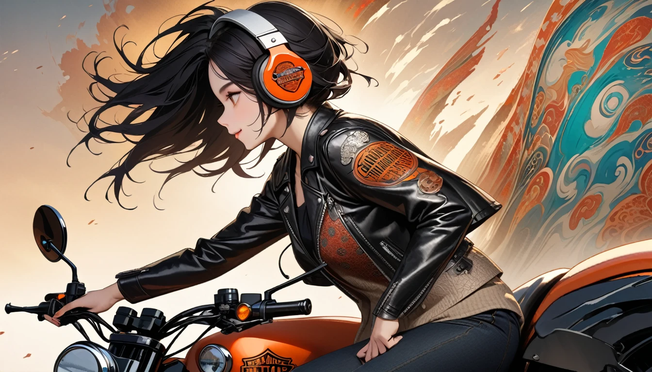 ((8k of extremely detailed CG unit, Masterpiece, high resolution, highest quality, highest quality real texture skin)), (((profile))), (((Japanese pattern leather jacket))), (((Harley-Davidson))), (((Japanese style headphones))), (((sunglasses))), (((Smiling while driving))), (((Japanese patterned helmet))), ((1 girl)), (Black hair, messy hair, beige skin), (surreal, digital painting)