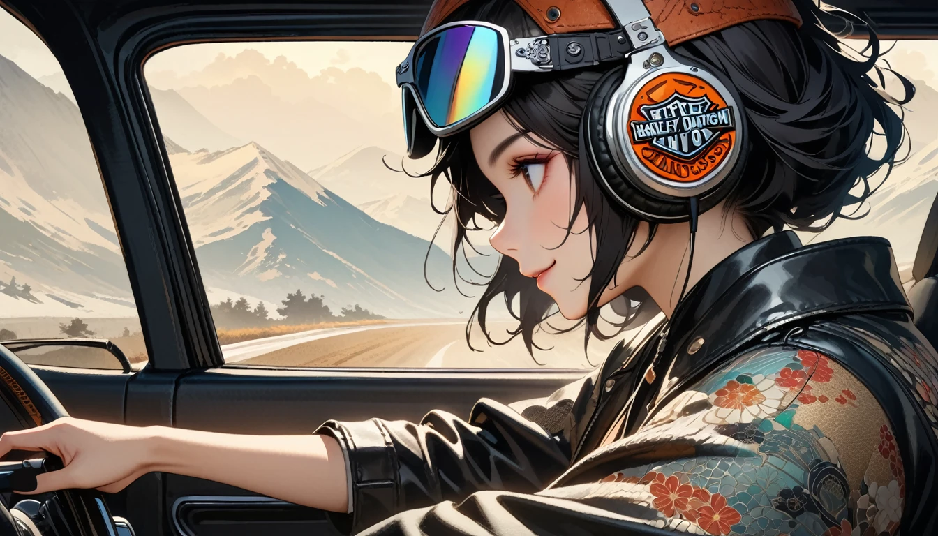 ((8k of extremely detailed CG unit, Masterpiece, high resolution, highest quality, highest quality real texture skin)), (((profile))), (((Japanese pattern leather jacket))), (((Harley-Davidson))), (((Japanese style headphones))), (((sunglasses))), (((Smiling while driving))), (((Japanese patterned helmet))), ((1 girl)), (Black hair, messy hair, beige skin), (surreal, digital painting)