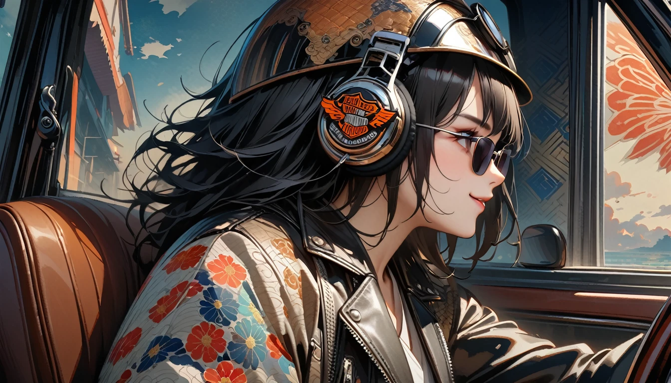 ((8k of extremely detailed CG unit, Masterpiece, high resolution, highest quality, highest quality real texture skin)), (((profile))), (((Japanese pattern leather jacket))), (((Harley-Davidson))), (((Japanese style headphones))), (((sunglasses))), (((Smiling while driving))), (((Japanese patterned helmet))), ((1 girl)), (Black hair, messy hair, beige skin), (surreal, digital painting)