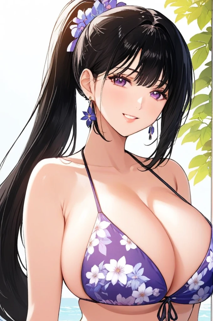 (best quality:1.4), (ultra highres:1.2), (8k, RAW photo:1.2), manhwa-artstyle, 1girl, solo, long hair, looking at viewer, smile, black hair, bare shoulders, purple eyes, upper body, floral bikini, Perfect Hands, ponytail, hoops earrings,floral garment ,flower earrings,floral bracelet and floral headbands,big breasts 