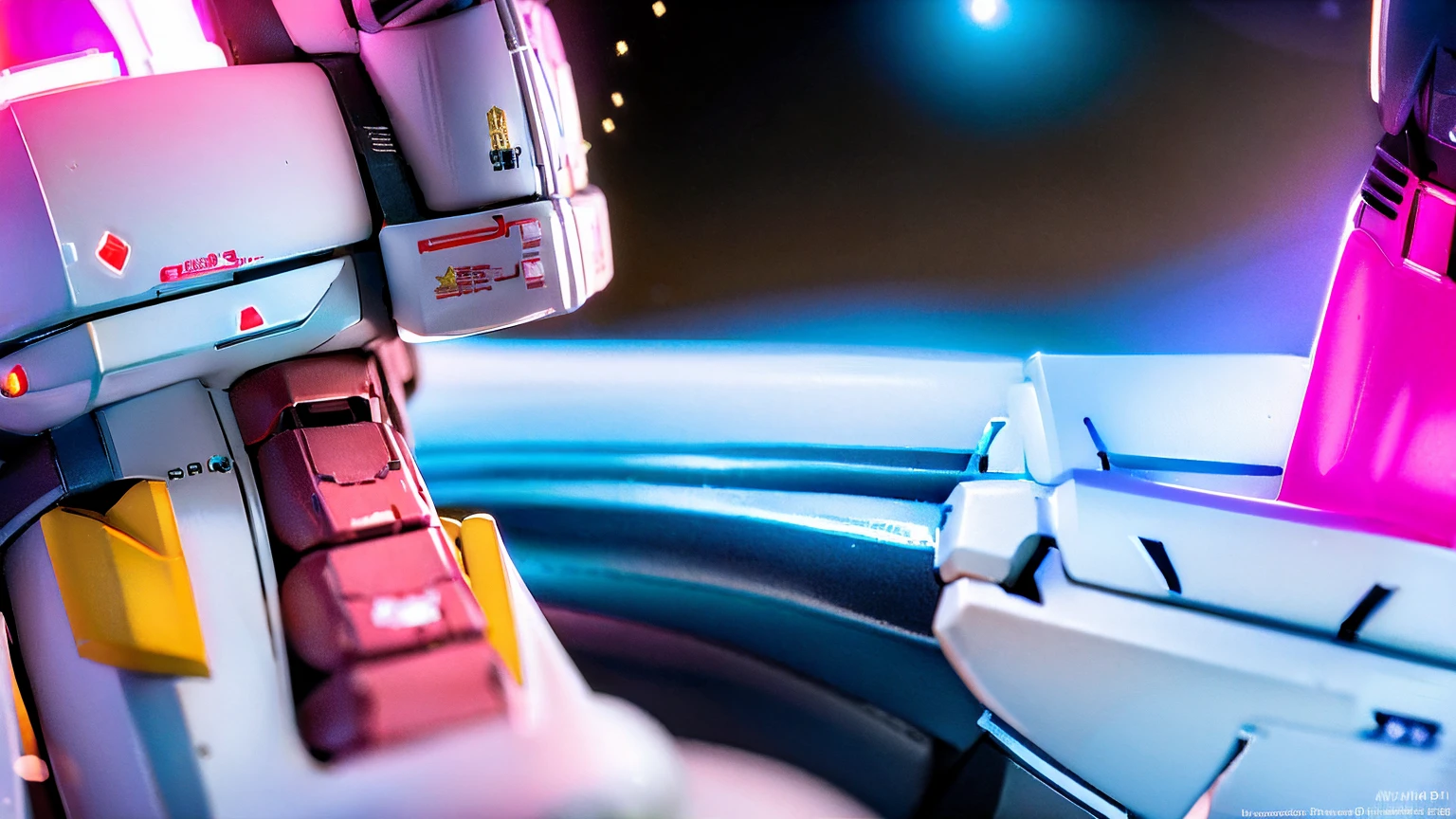 Real、high resolution、8K、The Strike Freedom Gundam stands in space emitting pink light particles.、Particles of light surround the aircraft、Facing the camera、