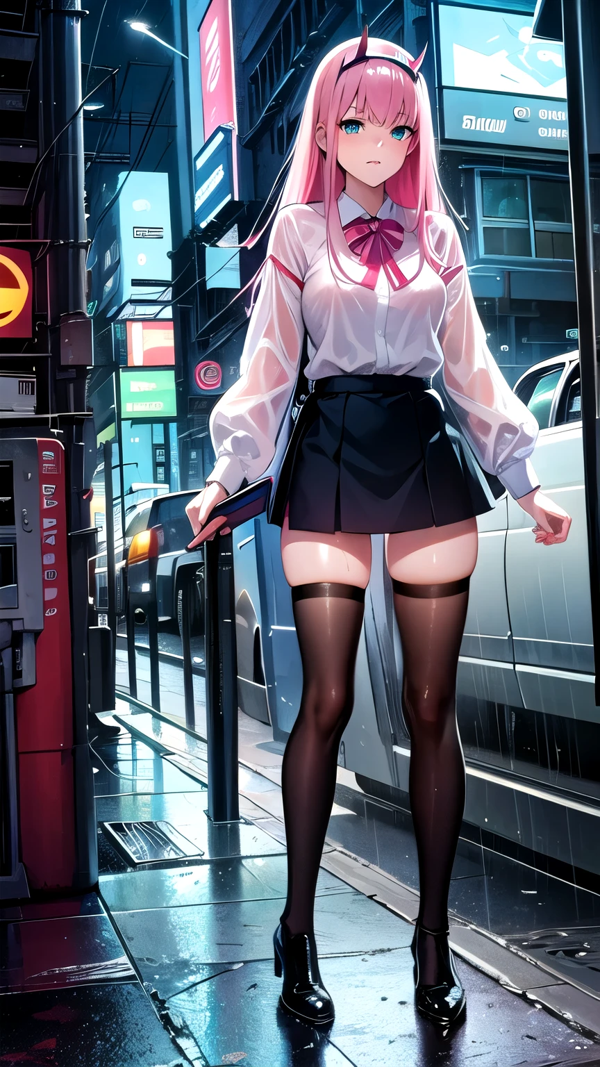Masterpiece, top quality, best quality, official art, beautiful and aesthetic, anime, 1girl, Zero Two, extremely detailed, colorful, more detailed ((ultra-detailed)), (highly detailed CG illustration),horny,detailed face,pink hair, big green eyes,wet white blouse,transparent blouse,short skirt,stockings, in middle,skinny fit, small breasts,cleavege,neckline,street,night,cyberpunk,fullbody shot,rain,wet