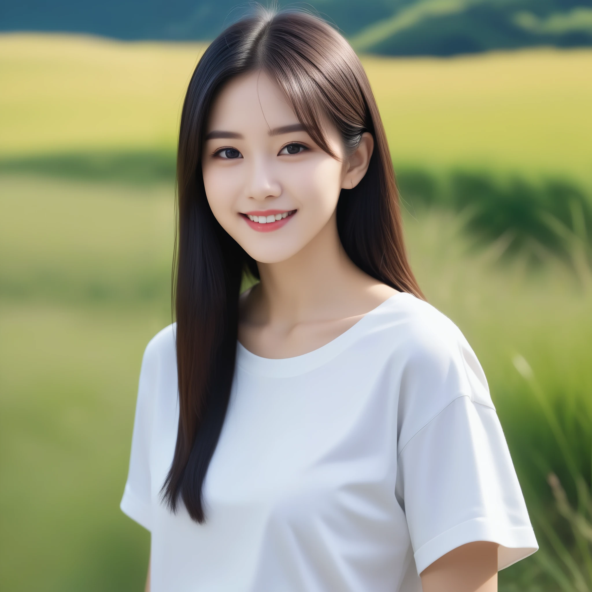 8K, Ultra-high resolution, Highest quality, masterpiece, 三分割法によるphotograph,Surreal, photograph, 1 girl, (16 years old:1.3), pretty girl, Cute face, Beautiful eyes in every detail, 細かくdetailedに,masterpiece,, One Girl:1.2, Japan Female Announcer,whole body、Black Hair、well-groomed eyebrows、Cute Lip Makeup,Minimalist Travel,Lonely, Green grassland,空を見上げる1 girl, Minimalism, In the savannah, figure,最もdetailedな,Cute gestures、so beautiful,A carefree smile,Healing the heart,Long Straight Hair,Looking at the audience、beauty,Long neck、Laugh a little、Please close your mouth and laugh、(((Ideal body type))),A-cup small breasts :2,、Portraiture:2、Perfect Anatomy、鮮明なdetailed、detailed、Surreal、Light and shadow,Strong light