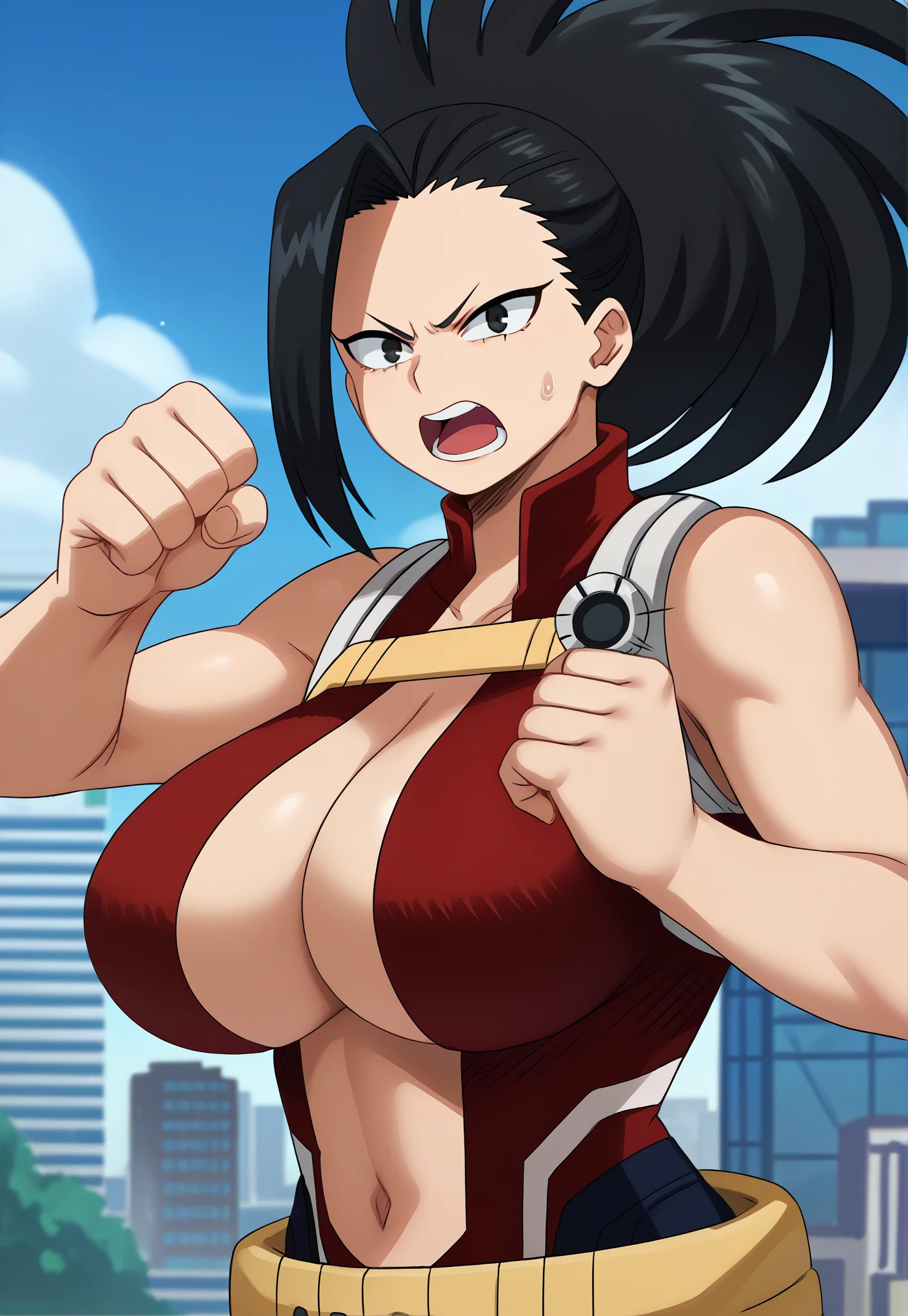 score_9, score_8_up, score_7_up, source_anime, yaoyorozumomo, yaoyorozu momo, long hair, bangs, black hair, ponytail, black eyes, high ponytail, wide ponytail, shouting, fighting stance, navel, cleavage, bare shoulders, belt, leotard, bare arms, center opening, red leotard, beltskirt, outdoors, cityscape, looking at viewer, upper body, huge breasts,S2Z0n1c21.5XL style, solo, girl