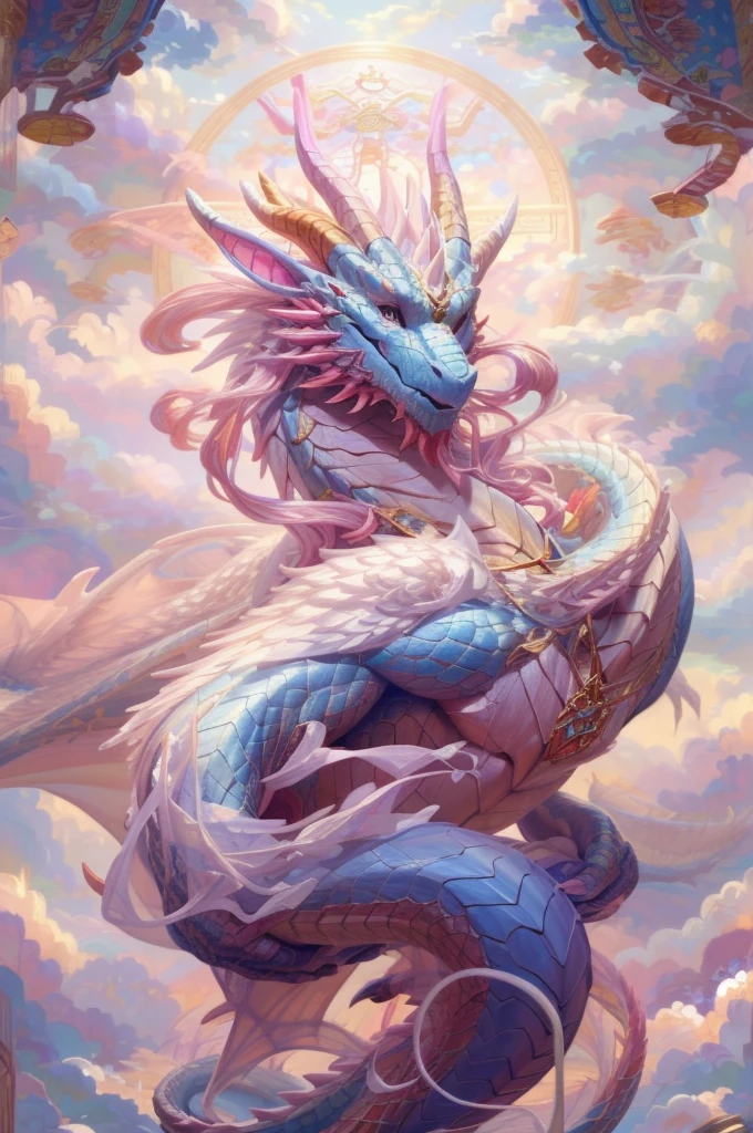 Pink hair and white face Dragon painting, a Dragon made of clouds, Dragon在天, majestic japanese Dragon, Dragon神, Dragon藝術, cyan chinese Dragon fantasy, Soft and delicate Dragon-like characteristics, Spider, Dragon shaped cloud, Dragon Dragon, Chinese Fantasy, author:Yang Jie, Dragon油畫, Dragon