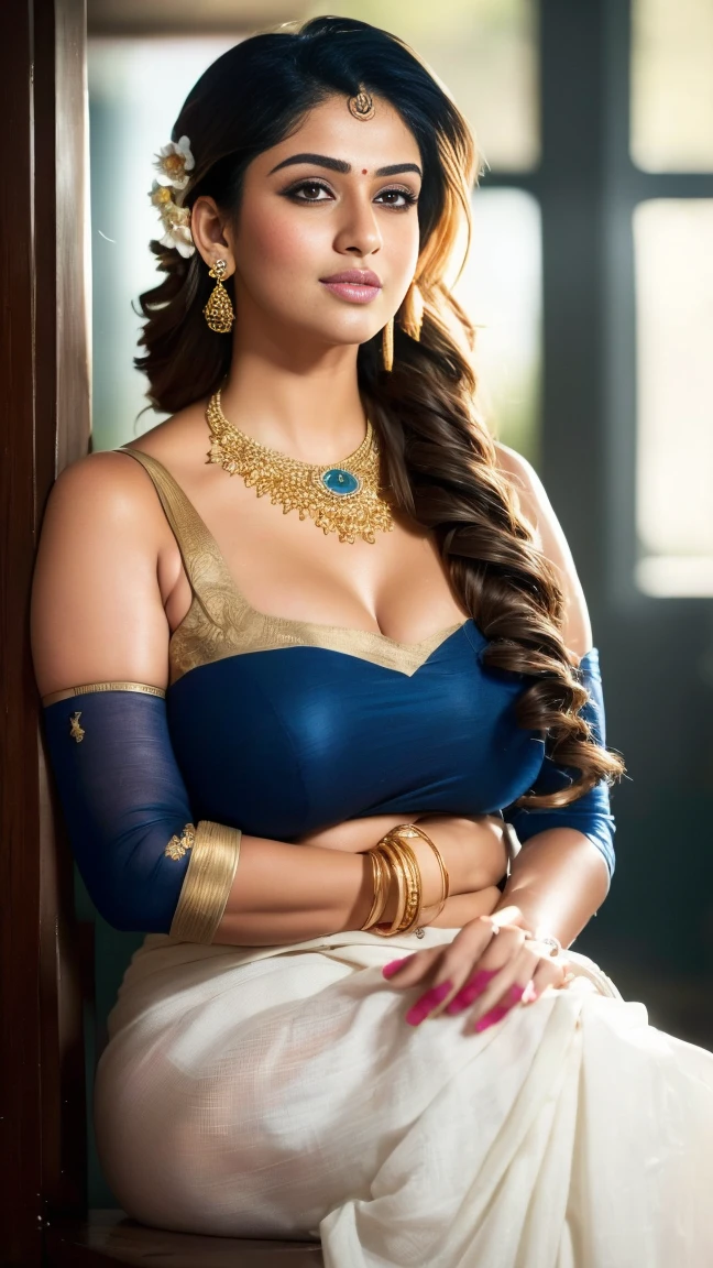 Front full view of milky white body of Indian girl look like Hollywood actress in bride looks, in a precious traditional costly saree, small cleavage, slim fit and thin navel, beautiful thighhighs, one leg visible, , cutest face, innocent smile, black shiny long hair, golden necklace, mole, black eyes, bracelet, Fair-skinned female, piercing, veil, nose piercing,photorealistic,hyperdetailed,dreamy,fantasy-like wind effects,rich deep colors,glowing light,De-Noise, f 5.6 , 85mm,expressive gestures,full-body shot,eye-level shot,perfect body proportions,stylized poses(masterpiece)((disheveled hair:1.2),( beautiful detailed eyes:1.1), Indian girl (wearing casual t_shirt ,street background, Bokeh, medium round breast , side pose looking at viewer,long hair , hair bun,wet clothes, rainy season,heavy rain shower , enjoying rain, happy, big cheeks ,Outdoor image of 21yo in school school photo in school masterpiece, (photorealistic:1.7), best quality, beautiful lighting, Eleanor Latino Woman 20yo Old Big Breasts Plus Size Model random colour beautiful eyes extremely high Bun long extreme curly hair Lifts wearing Indian flowers ethnic elegance princess saree salwar kameez. Flowers on hair (Persian princess)),off shoulder ,bra, Indian attire ,ultra realistic skin Best quality, masterpiece, Beautiful, young indian woman, teacher, college, looking straight at viewer, wearing elegant full sleeve top white and blue long skirt, college classroom, sitting on chair, professionalism, age, detailed face, detailed body, symmetric face, cute face, dynamic pose, perfect anatomy, holding books with hands, photorealistic, curvy body, braid hair, 8k, ultra realistic, blackboard background, ambient occlusion